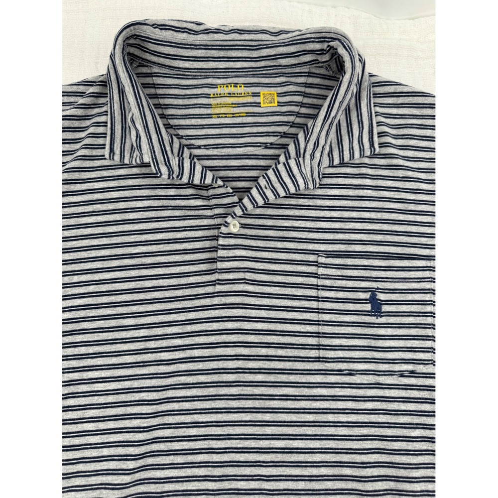 Polo Ralph Lauren Performance Polo Men's XXL Gray Navy Blue Striped Pocket Shirt